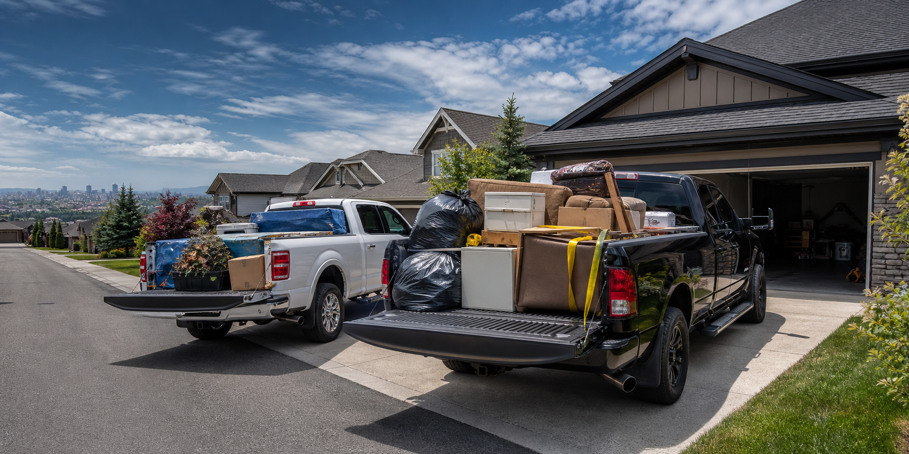 Two pickup trucks loaded with junk outside a Calgary garage